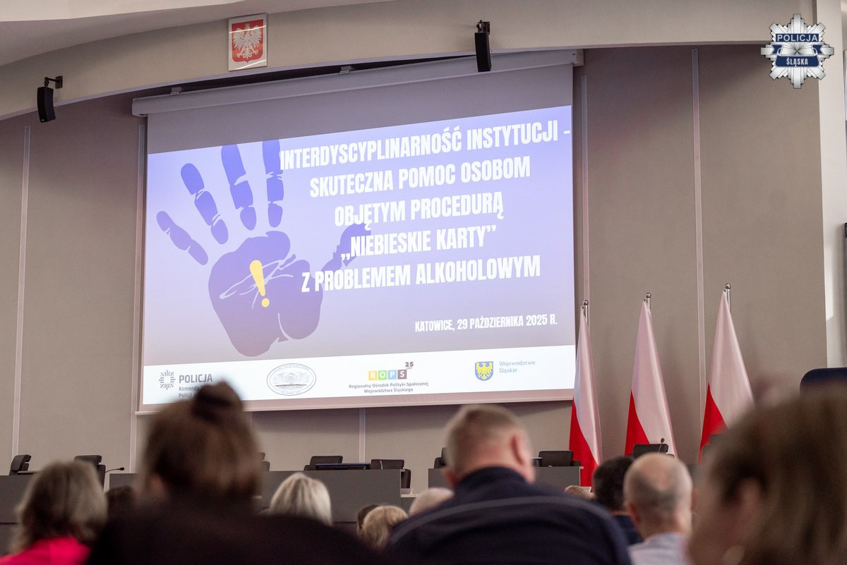Ekran na auli wyświetlający planszę z napisem Interdyscyplinarność instytucji – skuteczna pomoc osobom objętym procedurą Niebieskie Karty z problemem alkoholowym.