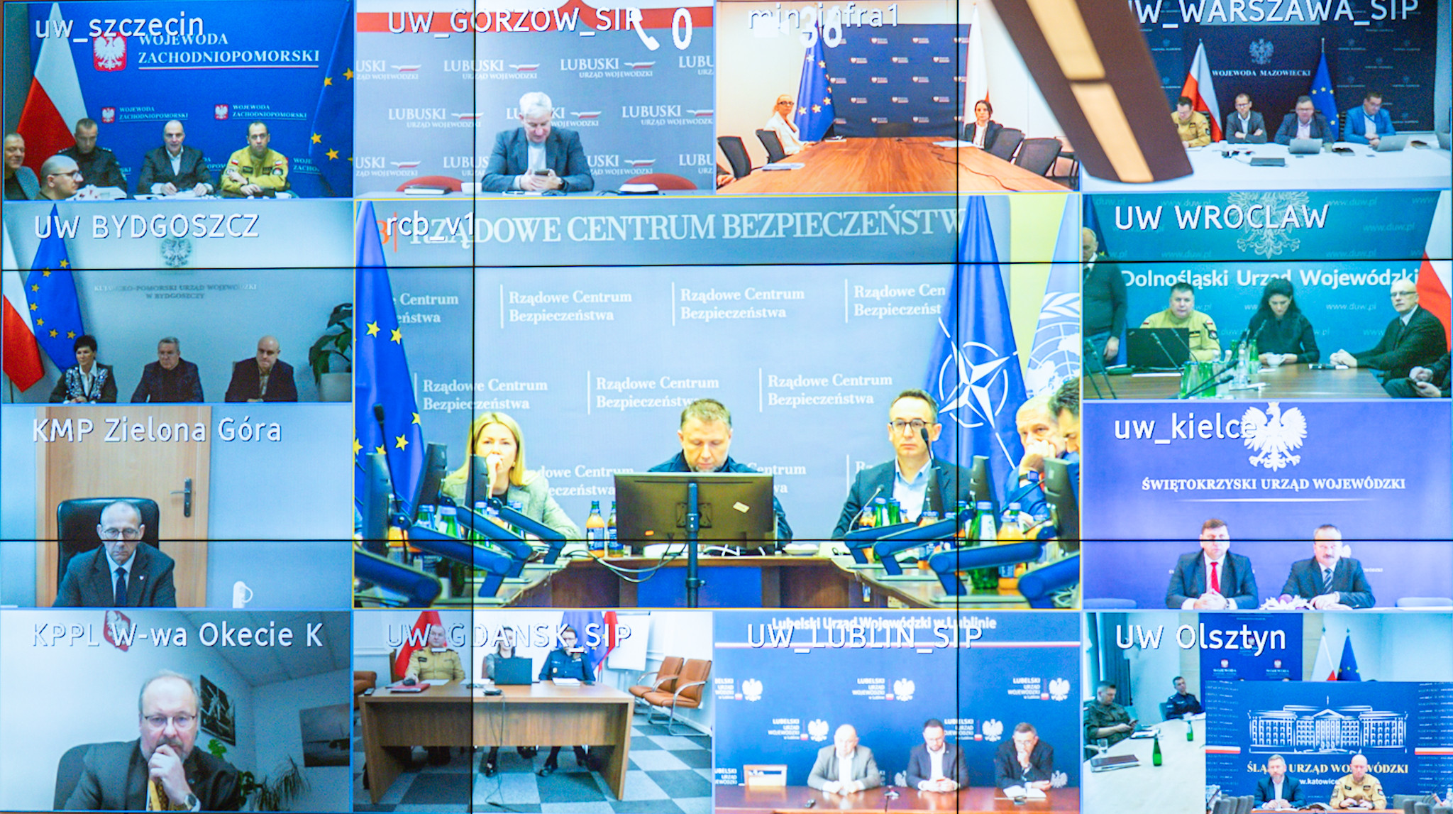Ekran wideokonferencji wyświetlający obrazy z różnych kamer uczestników spotkania.