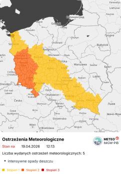 Grafika IMGW - mapa Polski z zaznaczonymi regionami objętymi ostrzeżeniem.