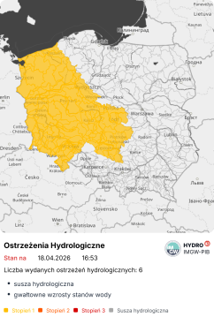 Grafika IMGW - mapa Polski z zaznaczonymi regionami objętymi ostrzeżeniem.
