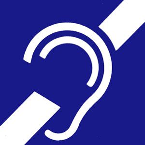 Grafika przedstawia symbol przekreślonego ucha w kolorze białym na niebieskim tle